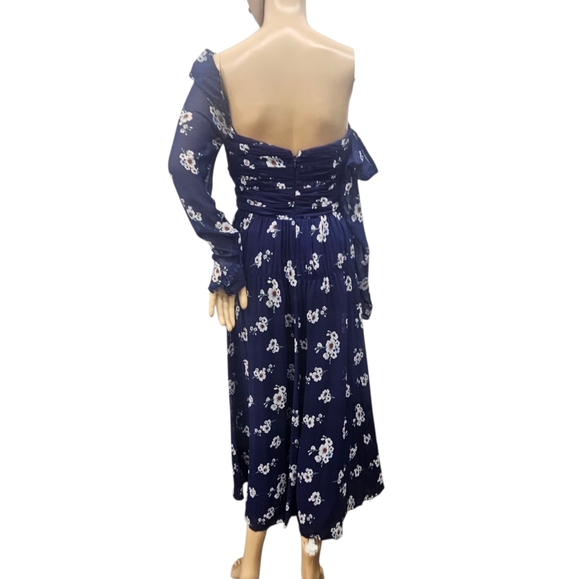 Self Portrait Pansy Midi Dress in Dark Navy Print Chiffon Cut Out